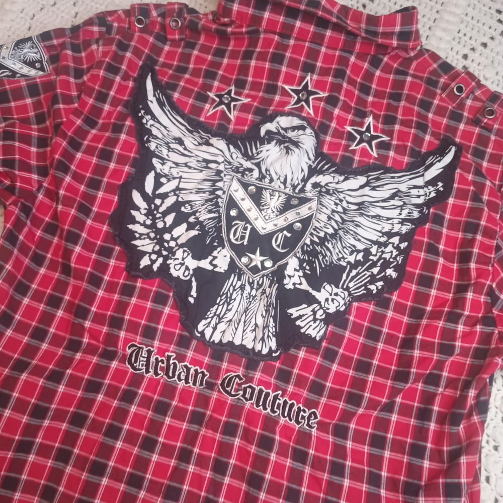 Victorious Urban Couture‎ Embroidered Button Up Shirt Mens 2X Y2K Gingham Plaid